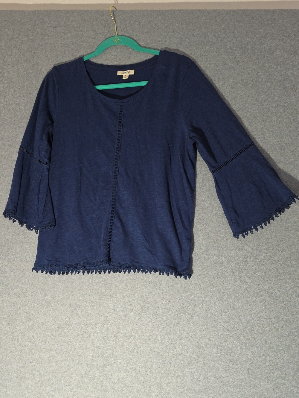 Style & Co. Navy Crochet-Trim Bell Sleeve Top